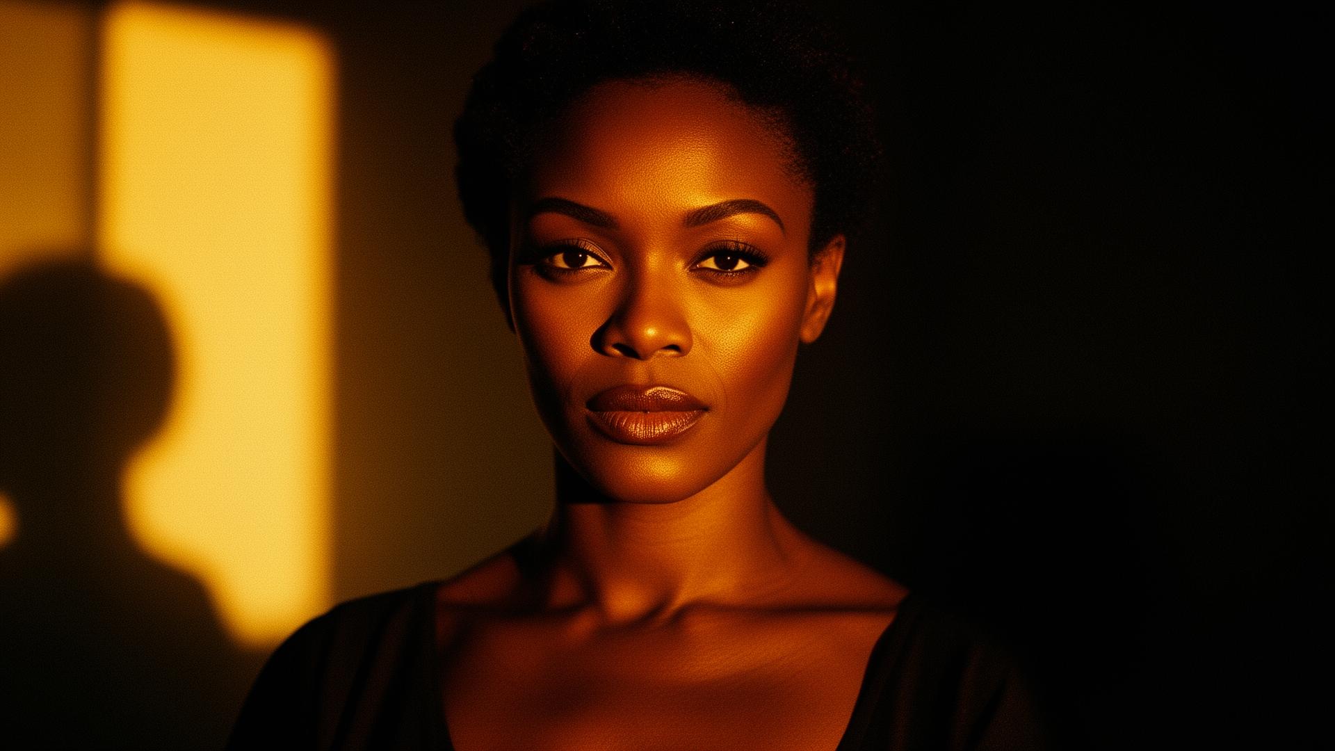 Cinematic portrait of an African actress in golden hour light